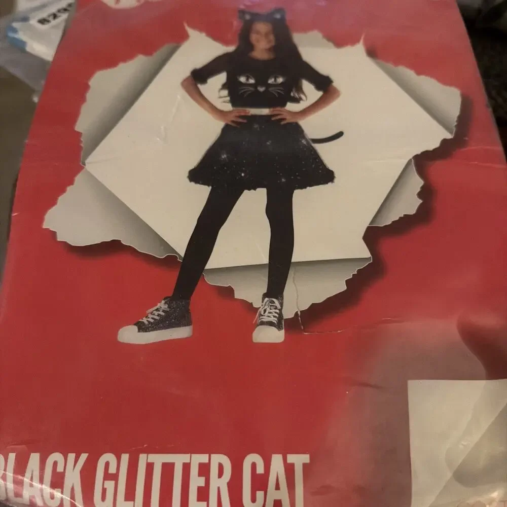 Girls Black Glitter Cat Costume Animal Halloween XL